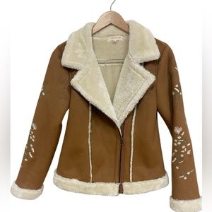 Solitaire Coat Jacket Sherpa Lined Faux Suede Embroidered Sleeves Size XS